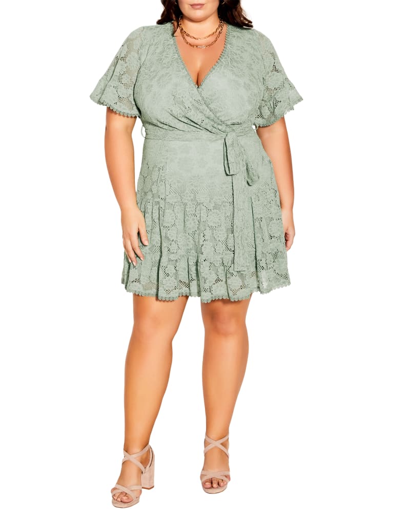Front of a model wearing a size XS Kareena Garden Kisses Dress in Sage by City Chic. | dia_product_style_image_id:293479
